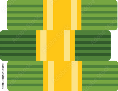 Stack of three green bundles of cash secured with yellow bands is shown on a plain white background