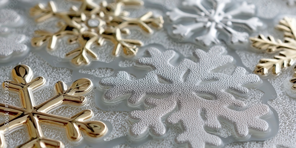 Obraz premium Winter Wonderland with Sparkling Snowflakes and Metallic Accents on Frosty Glass Decorations