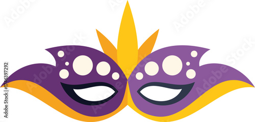 Purple and yellow festive mask with feathers is perfect for celebrating carnival, mardi gras, masked ball or masquerade party