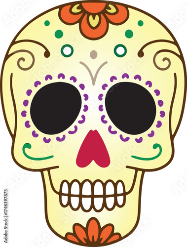 Dia de los muertos traditional skull decorated with flowers the day of the dead illustration