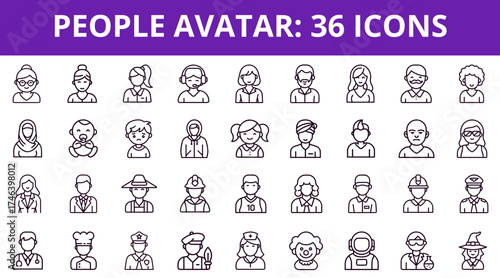 Set of 36 diverse people avatars in minimalist line style  