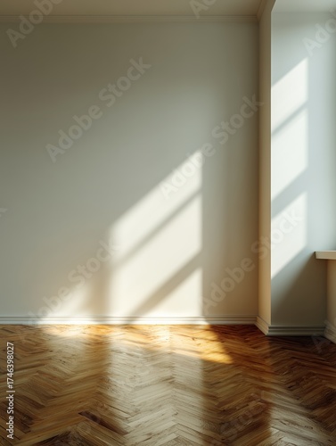Warm sunlight streams through a window, casting geometric shadows on wooden parquet flooring in a serene, empty room.