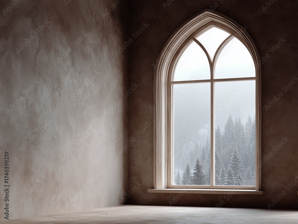 Fototapeta premium A Gothic-style arched window reveals a serene winter forest view, blanketed in snow, creating a peaceful and contemplative atmosphere.