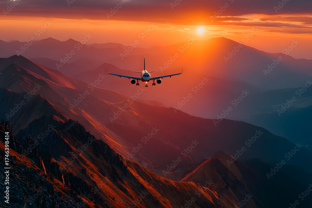 Fototapeta premium Airplane Flying Over Majestic Mountains at Sunset - Scenic Adventure Concept