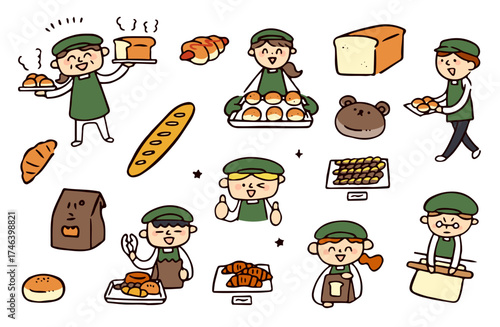 パンと店員たちのイラストセット
