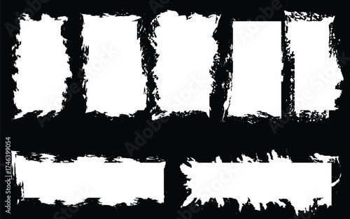 Grunge rectangular black and white frames with rough textured edges for design background, Set of grunge texture frames with distressed borders in black and white abstract style