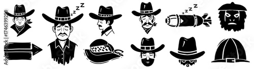 Vintage Cowboy Character Illustrations with Hats and Western Elements, Sleepy Mood, for Retro Design Projects, Black and White Ink Drawings,  Rustic Americana,  Graphics for Apparel, Posters,  Digital