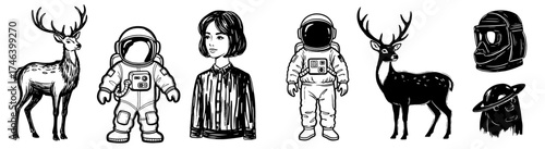 Stylized Line Art Collection: Deer Antlers, Astronaut Figure, Woman Portrait & Helmet Illustration in a Retro Aesthetic for Graphic Design, Logo Elements, Space Exploration Themes, and Fantasy Project
