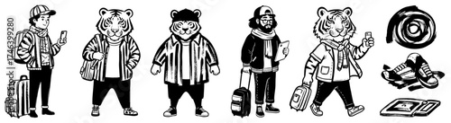 Anthropomorphic Travelers Illustration: Hand-Drawn Stylish Tigers and Human Tourist Group Journeying with Suitcases and Backpacks, Modern Creative Travel Concept in Black and White for Adventure Touri