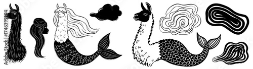 Elegant Llama Mermaids in Mystical Underwater World with Dreamlike Clouds, Fantasy Creatures for Children's Story Illustration, Graphic Design, T-shirt Prints, Black and White Ink Drawing, Whimsical A