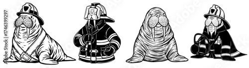 Walrus Firefighters Illustrations in Varied Poses, Standing Guard with Helmets & Gear for Safety Awareness, Protecting the Community in Black & White Style, Ideal for Education, Mascot, and Cartoon Gr