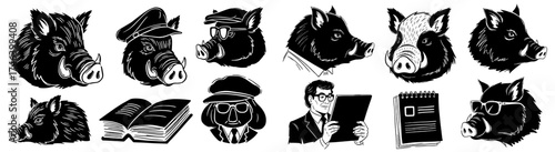 Stylized Boar Heads & Anthropomorphic Pigs in Various Professions: Business, Education & Creative Pursuits - Graphic Illustration Set for Marketing, Advertising & Editorial Use. Monochrome Artwork wit