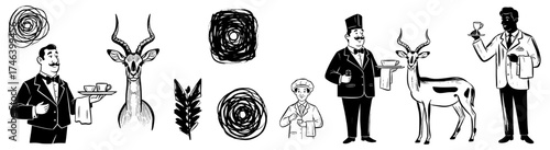 Elegant Antelope Serving Coffee in Whimsical Cafe Setting with Waiters and Chefs, a Quirky Restaurant Concept for Fine Dining and Unique Hospitality, Black and White Illustration in Vintage Retro Styl