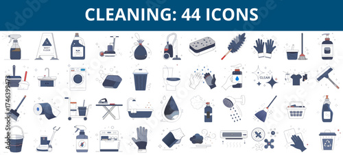 Cleaning icons collection in flat design style and blue color scheme  