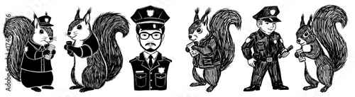 Squirrel Police Force Cartoon Characters Standing Guard in Urban Environment Illustration for Children's Education, Law Enforcement Communication, and Whimsical Animal Illustration Projects (Black and