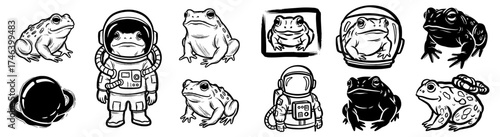 Whimsical Frog Astronauts in Outer Space: A Black and White Graphic Illustration Series Exploring Amphibians, Space Exploration, Scientific Illustration, Fantasy Art, Education, and Modern Design for