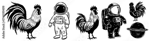 Surreal Rooster Astronauts Exploring Outer Space: A Whimsical Vector Illustration Featuring Detailed Ink Drawings of a Chicken, Chicken In Spacesuit, and Saturn. For Science, Art, Fantasy and Sci-fi P