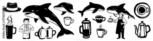 Dolphin Dreams Coffee Shop: A whimsical illustration of playful dolphins swimming amidst steaming coffee cups and a friendly barista serving espresso drinks in a cozy oceanic cafe, perfect for menus,