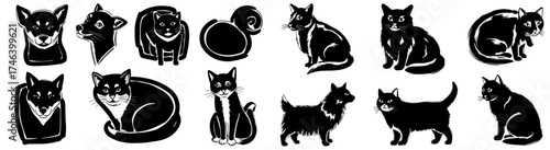 Black Cat and Dog Illustrations Collection: Artistic Ink Drawings of Domestic Animals in Various Poses, Cute Felines and Canines for Pet Lovers, Graphic Design, Animal Welfare, Children's Illustration