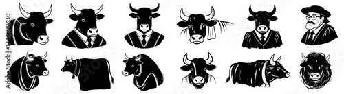 Black and White Bovine Portraits: Farm Animals, Beef Cattle, and Oxen Series in Stylized Illustrations Depicting Livestock, Bulls, and Cows in Various Poses for Agricultural Marketing, Prints, and Mod
