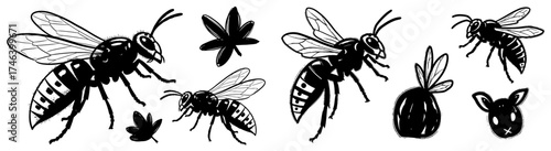 Detailed Wasp Insect Illustrations Set on White Background, Featuring Bees and Stylized Plants for Nature-Themed Design, Perfect for Education, Tattoo Designs, Print Media, Marketing, and Wildlife Con