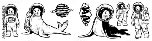 Astronaut Seals Exploring the Cosmos: Hand-Drawn Line Art Illustrations of Marine Mammals in Outer Space, Perfect for Children's Education, Science Projects, Creative Marketing, and Modern Design Conc