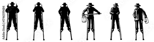 Illustrations of Folklore Stilt Walkers in Vintage Attire Navigating Coastal Marshlands, Symbolizing Tradition and Cultural Heritage, Ideal for Historical Presentations and Artistic Projects with an O