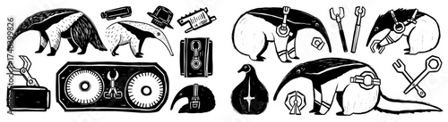 Mechanical Anteaters Repairing Gearworks with Wrenches & Tools in Retro-Tech Steampunk Workshop - Whimsical Cartoon Illustration for Engineering, Maintenance, Design, Print, Web, Mascot, Branding, Art