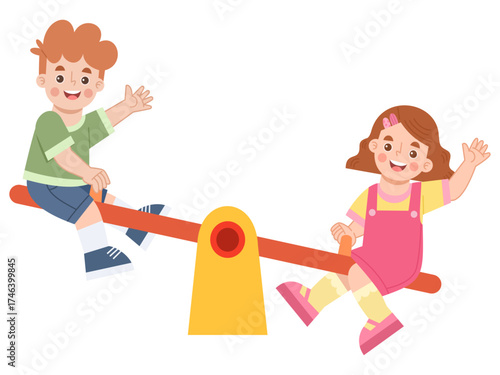 Cartoon Children Playing on a Seesaw