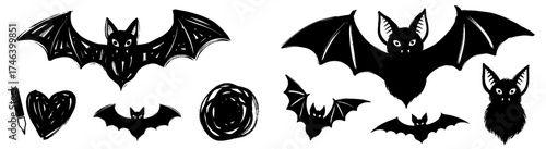 Stylized Bats in Flight: Whimsical Halloween Illustrations for Spooky Season Decor & Crafts, Grunge Texture Graphics, Vector Art for Invitations, T-shirts, Posters, Party Decoration, Creepy Night, Dar