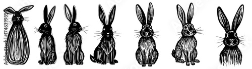 Stylized Rabbits in a Row Illustration: Easter Bunny Animal Characters Isolated on White Background for Holiday Designs, Spring Decor, Vector Graphic, Vintage Print, Farmhouse Style, Kids Decoration,