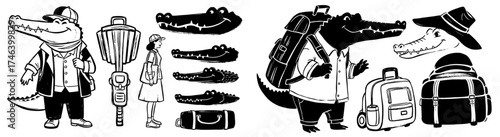 Cartoon Alligator Tourist Collection: Exploring Destinations with Animated Reptile Characters, Humorous Vacation Illustrations, Travel Adventure Graphics, Crocodile Mascot Designs, Quirky Holiday Conc