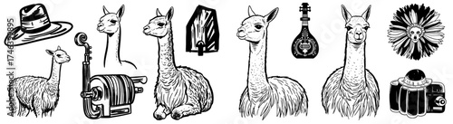 Whimsical Llama Portraits and Still Life Collection: Hand-Drawn Alpaca Illustrations with Musical Instruments, Vintage Camera, and Floral Skull for Arts, Culture, Textile Design, and Andean Heritage P
