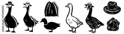 Humorous Goose Cartoon Characters with Hats Collection: Funny Farm Animals Illustrations for Children's Books, Quirky Humor, Wildlife Concepts, Decorative Elements, Black and White Vintage Graphics, A