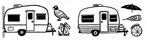 Retro Camping Adventure with Vintage Caravans & Tropical Elements in Hand-Drawn Style: Summer Travel Illustration for Outdoors, Adventure Tourism, Recreation, & Relaxation, Vacation, Road Trip, Campin