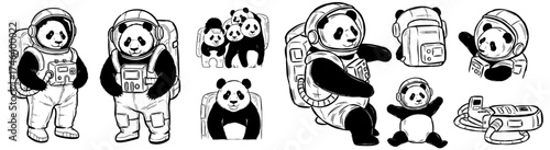 Illustrative Panda Astronauts Exploring Space, A Whimsical Adventure of Mammalian Cosmonauts in Outerspace, Graphic Design Elements for Children's Science Education, Cute Creature Mascot Logos, Black