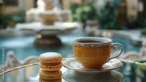 Coffee and Macarons by a Fountain - A Relaxing Outdoor Cafe Scene.