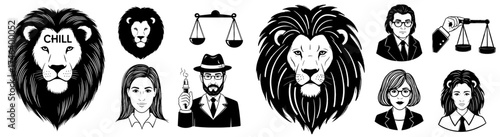 Law Firm Imagery: Lions as Symbols of Justice, Wisdom & Strength, Scales of Balanced Judgement, Stylish Legal Professionals, Modern Legal Business Marketing, Advocates, Barristers, Courtroom Presentat