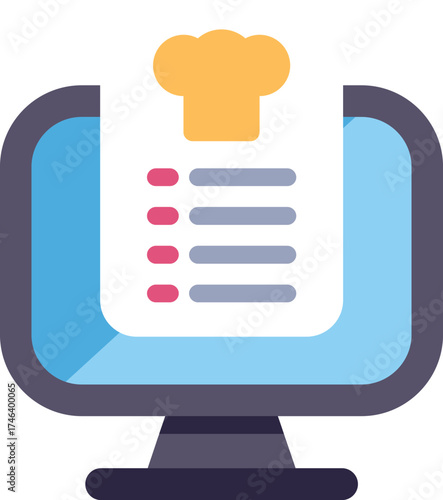 Chef hat placed on a computer screen displaying a list evokes the concept of online food ordering