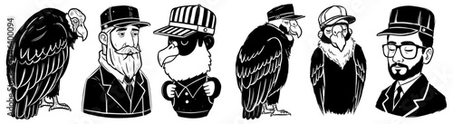 Cartoon Vultures and People Icons Depicting Dapper Characters in Hats and Suits, Creating a Quirky Animalistic Avatar Concept for Business, Design, and Creative Projects, Ideal for Modern Illustration