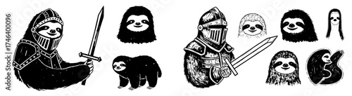 Illustrative Sloth Knights, Forest Dwellers,  Cartoon Style Creatures Ready for Fantasy Adventure, Standing with Swords,  Conceptual Art for Children's Books, Education, Historical  Presentation, Anim