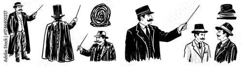 Vintage Magician Conjuring Magic with Victorian Era Elegance, Featuring Top Hats, Capes, and Pointing Canes in an Engraved Style, Ideal for Theatrical Arts, Entertainment, and Retro Design Projects, w