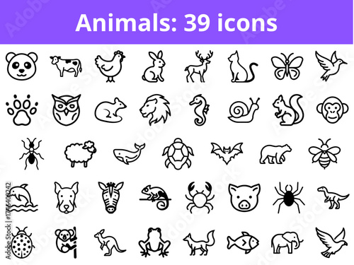 Set of 39 animal icons in black and white design  
