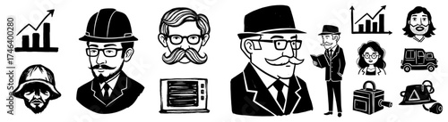 Retro Professionals and Industry Icons in Bold Black and White: A Collection of Vintage-Inspired Drawings for Business, Engineering, and Technology Presentations, Marketing, and Modern Design, Ideal f