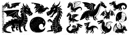 Mythical Black Dragon Illustrations in Silhouette Style with Fantasy Creatures and Legends, Perfect for Children's Books, Storytelling, Gaming, and Creative Design Projects, Featuring Winged Reptiles,