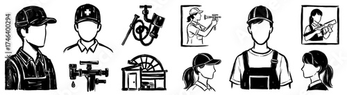 Sketched Workforce Icons: Diverse Professionals in Various Trades – Construction Worker, Plumber, Surveyor, Tradeswoman, Handyman Illustrations for Business Presentation, Marketing, and Industry Docum