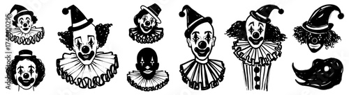 Whimsical Clown Portraits: Vintage Circus Characters in Black and White Ink Drawings - Classic Harlequins, Funny Jesters, and Stage Performers for Entertainment, Theatrical Posters, Halloween Cards, a