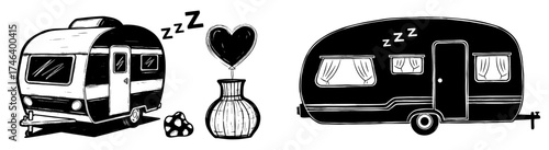 Dreamy Caravan Camping Getaway: Two Charming Mobile Homes Sleeping Peacefully Under the Stars, surrounded by Nature, Ideal for Travel, Adventure, Road Trips, and Escape. Black and White Vacation Image