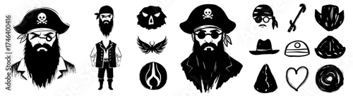 Pirate Adventure: Hand-Drawn Character Design Elements Set for Nautical Tales & Gaming, Including Skull, Wings, Swords, Hats, Sea Icons for Marine Projects, Treasure Hunts, Storytelling, Dark Fantasy,