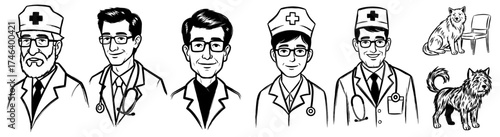 Veterinary Doctors and Canine Companions in Black and White Illustrations: Medical Professionals Caring for Pets in a Clinical Setting, Ideal for Healthcare, Animal Welfare, and Veterinary Education M